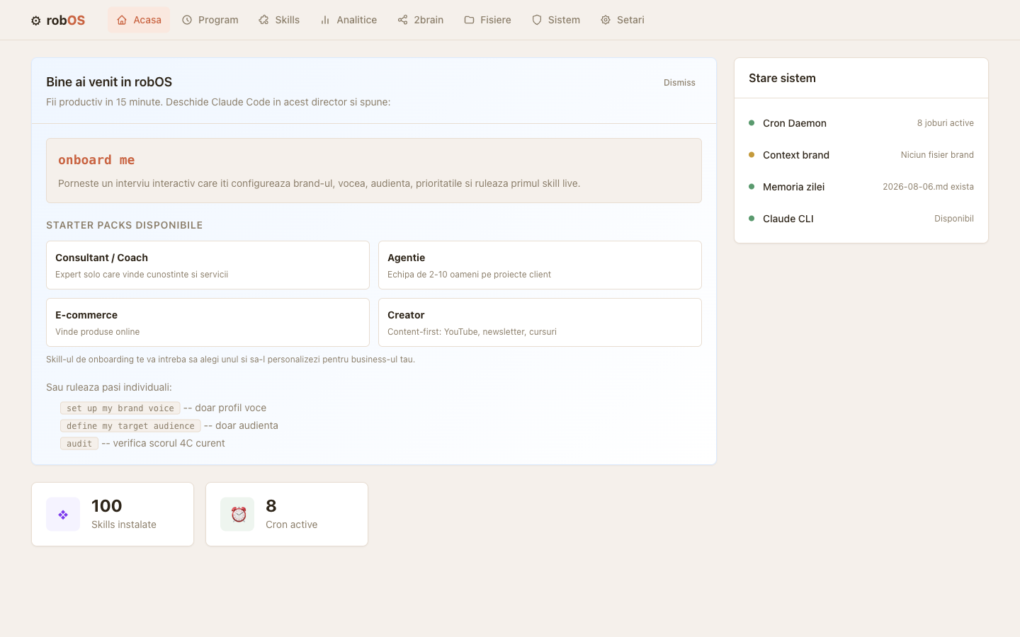 Panoul robOS în browser, cu starea sistemului și metodele instalate